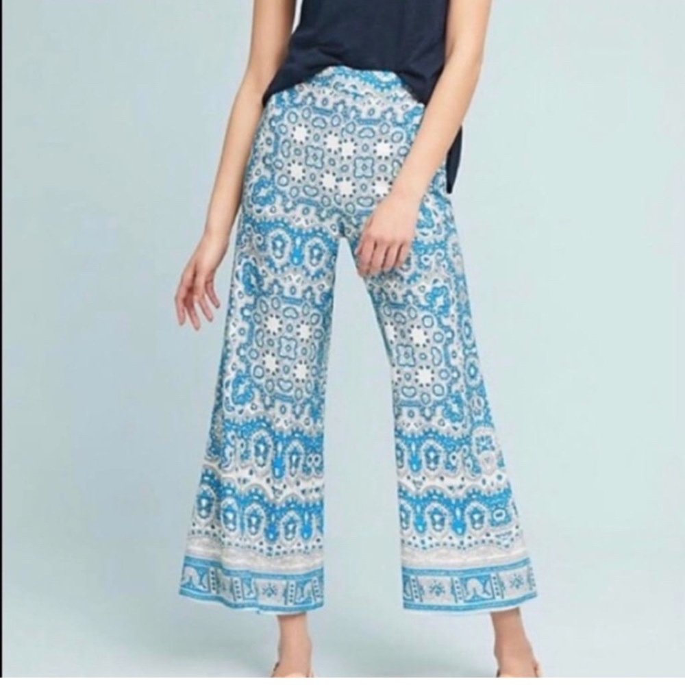 Feather & Bone for Anthropologie blue and cream wide leg palazzo pants size S